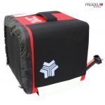 side view of red delivery box with the attachment
